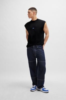 Sleeveless T-shirt in cotton jersey with logo detail, Black