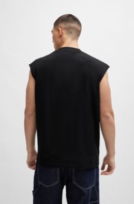 Sleeveless T-shirt in cotton jersey with logo detail, Black
