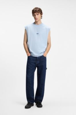 Sleeveless cotton T-shirt with logo patch, Light Blue