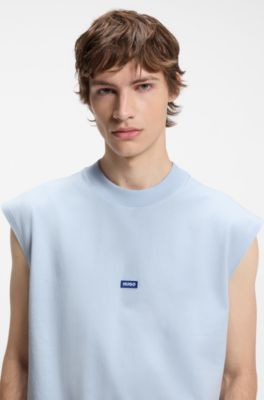 Sleeveless cotton T-shirt with logo patch, Light Blue