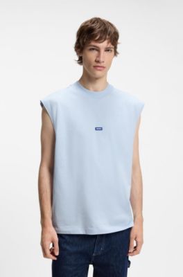 Sleeveless cotton T-shirt with logo patch, Light Blue