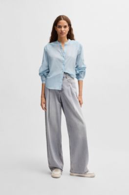 Regular-fit blouse in cotton voile with wide sleeves, Blue