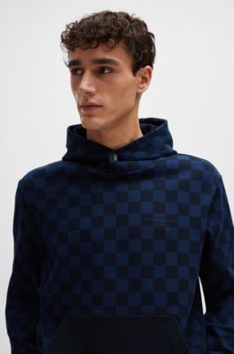 Porsche x BOSS mercerized-cotton hoodie with check print, Dark Blue