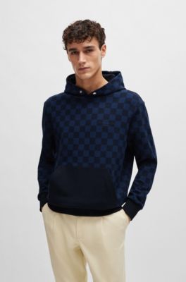Porsche x BOSS mercerized-cotton hoodie with check print, Dark Blue