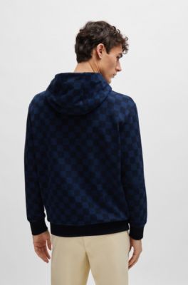 Porsche x BOSS mercerized-cotton hoodie with check print, Dark Blue