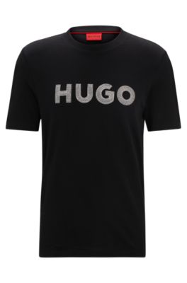 HUGO - Cotton-jersey regular-fit T-shirt with crochet logo - Black