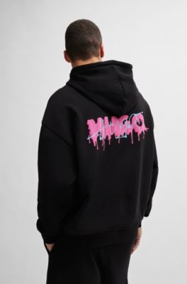 Cotton-terry oversize-fit hoodie with seasonal logos, Black