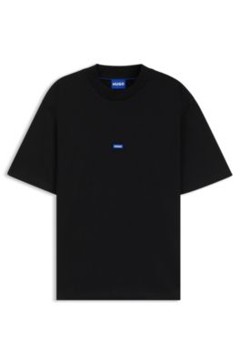 Shop Hugo Cotton-jersey T-shirt With Blue Logo Patch In Black