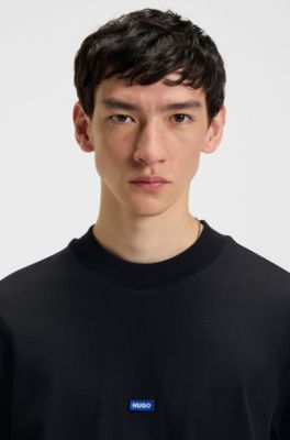Cotton-jersey T-shirt with blue logo patch, Black
