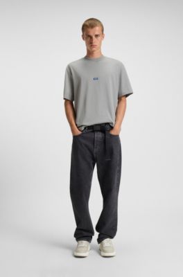 Cotton-jersey T-shirt with blue logo patch, Light Grey