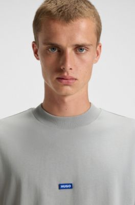 Cotton-jersey T-shirt with blue logo patch, Light Grey