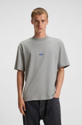 Cotton-jersey T-shirt with blue logo patch, Light Grey