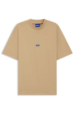 Cotton-jersey T-shirt with blue logo patch, Beige