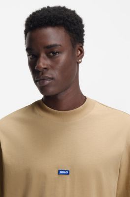 Cotton-jersey T-shirt with blue logo patch, Beige