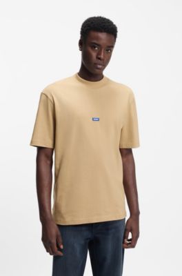 Cotton-jersey T-shirt with blue logo patch, Beige