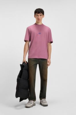 T-shirt en jersey de coton avec &eacute;tiquette logot&eacute;e, Rose fonc&eacute;