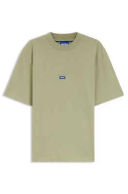 Cotton-jersey T-shirt with blue logo patch, Beige