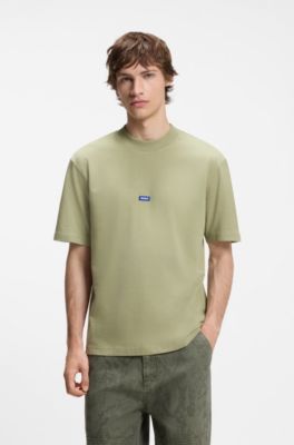 Cotton T-shirt with ribbed neckline and logo badge, Beige