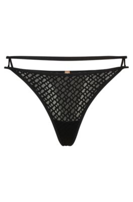 Hugo Boss String Briefs With Monogram Pattern And Cut-out Details In Black