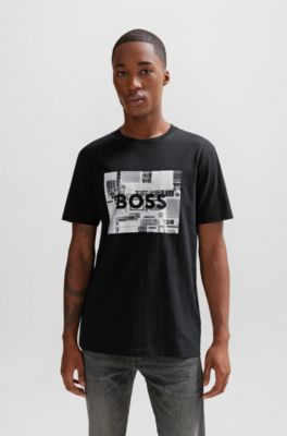 Camiseta regular fit de punto de algod&oacute;n con ilustraci&oacute;n de temporada, Negro