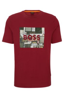 Camiseta regular fit de punto de algod&oacute;n con ilustraci&oacute;n de temporada, Rojo claro