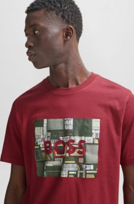 Camiseta regular fit de punto de algod&oacute;n con ilustraci&oacute;n de temporada, Rojo claro