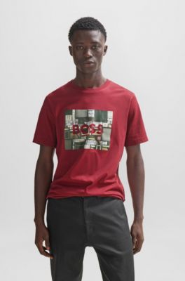 Camiseta regular fit de punto de algod&oacute;n con ilustraci&oacute;n de temporada, Rojo claro