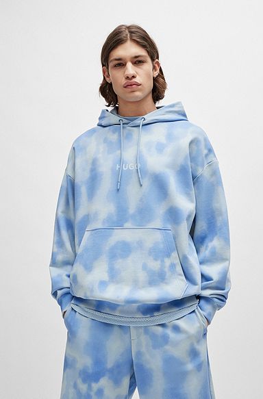 Oversize-fit hoodie in cotton with seasonal print, Light Blue