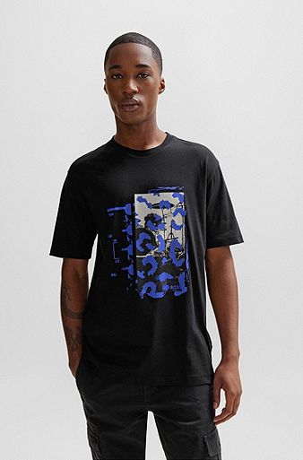 Cotton-jersey T-shirt with music-inspired print, Black
