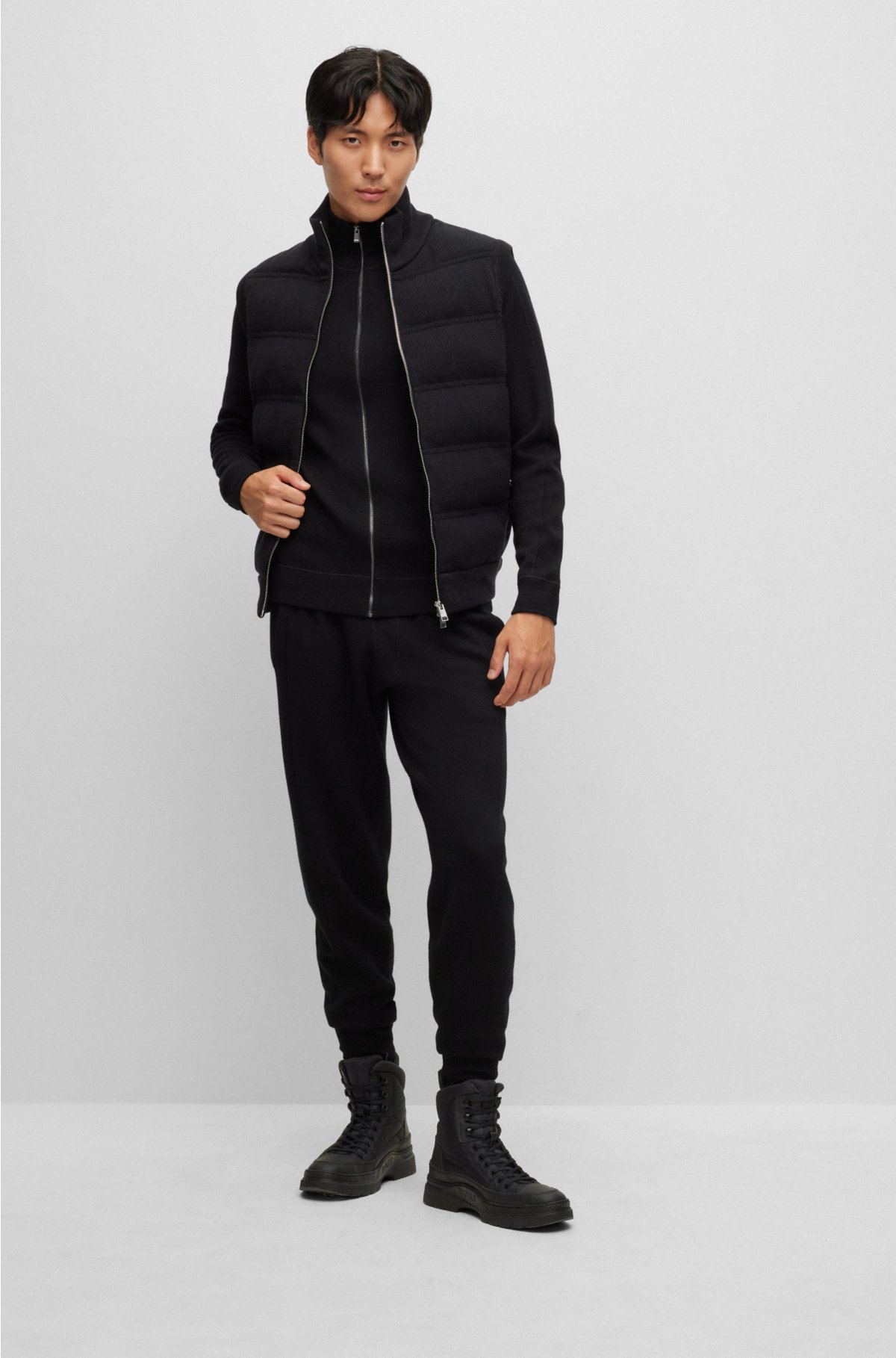 Regular-fit zip-up cardigan with signature-stripe trim, Black
