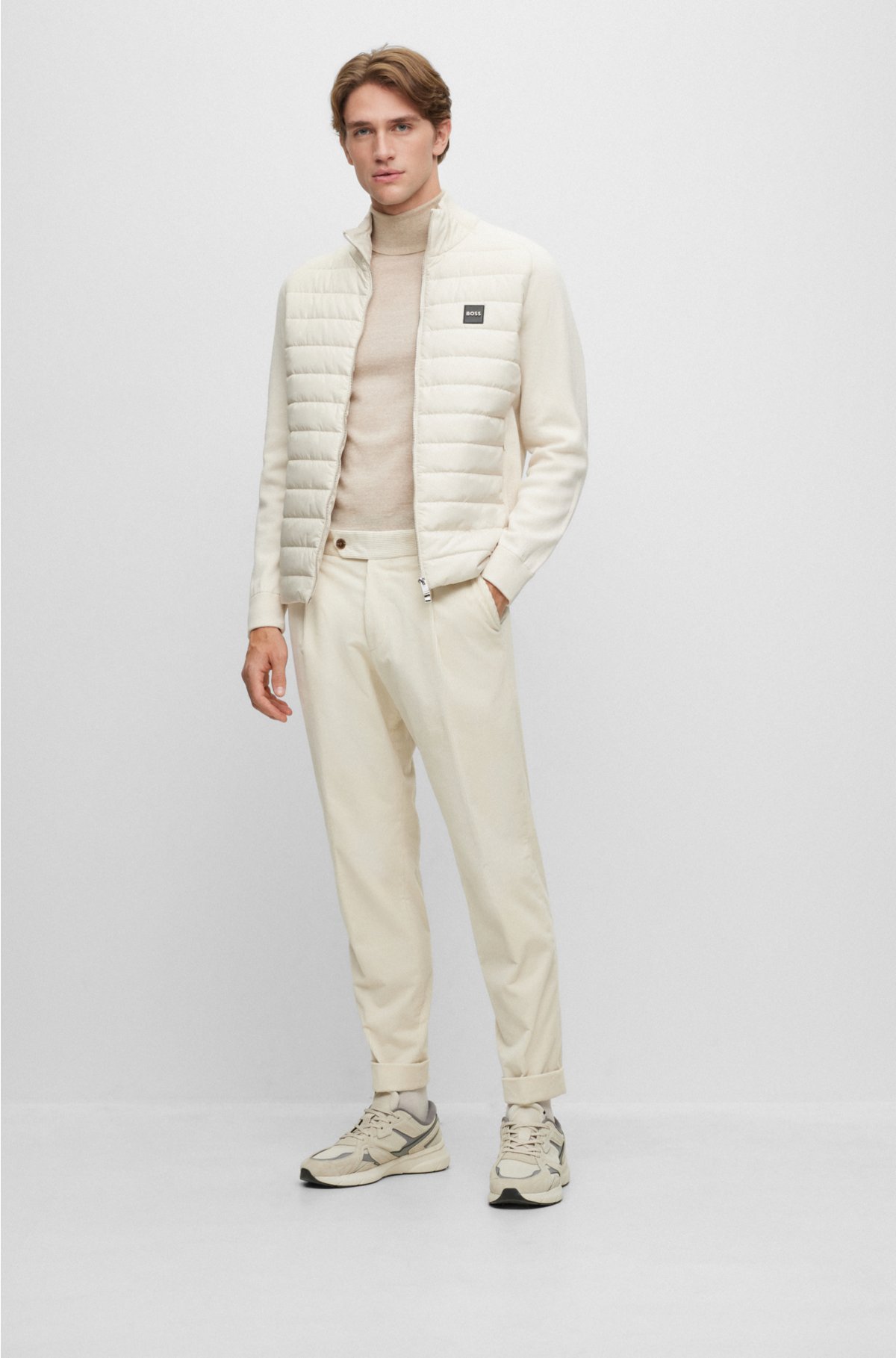 Mixed-material knitted jacket with logo badge, White