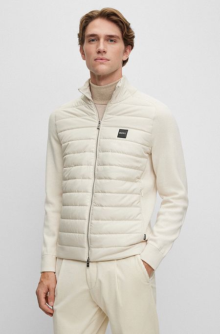 Mixed-material knitted jacket with logo badge, White