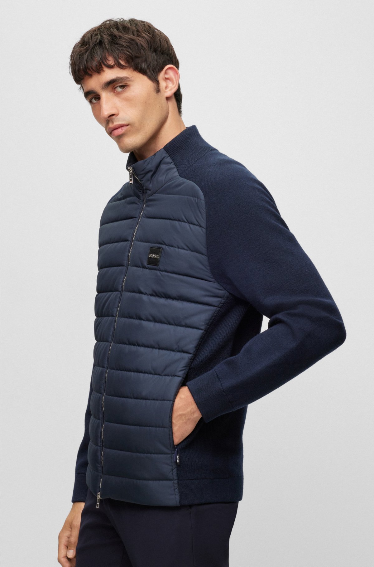 Mixed-material knitted jacket with logo badge, Dark Blue