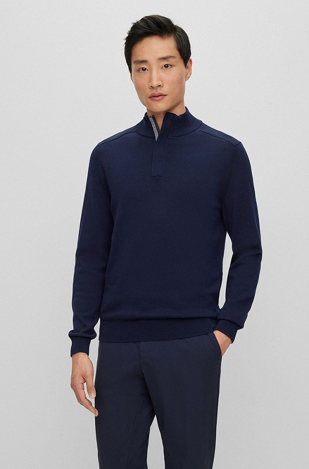 Regular-fit sweater with zip neckline, Dark Blue