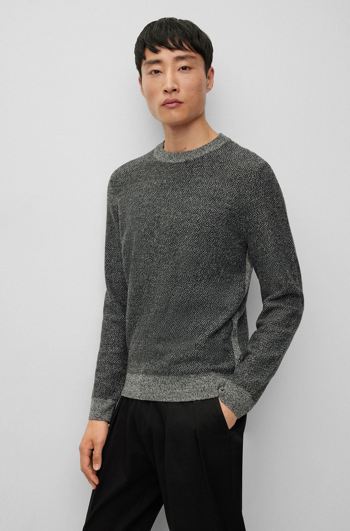 Regular-fit sweater with herringbone structure and ribbed cuffs, Black