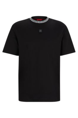 Shop Hugo Interlock-cotton T-shirt With Chain-print Collar In Black