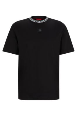 Hugo Interlock-cotton T-shirt With Chain-print Collar In Black