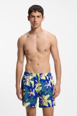 Quick-dry swim shorts with all-over print, Light Green