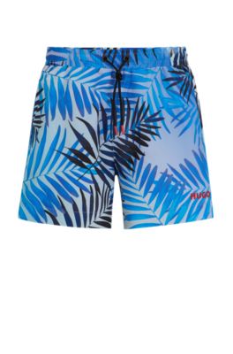 Hugo Printed Quick-dry Swim Shorts With Logo Detail In Blue