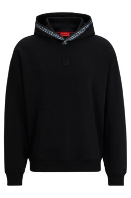 Hugo Relaxed-fit Stretch-cotton Hoodie With Chain-detail Tape In Black