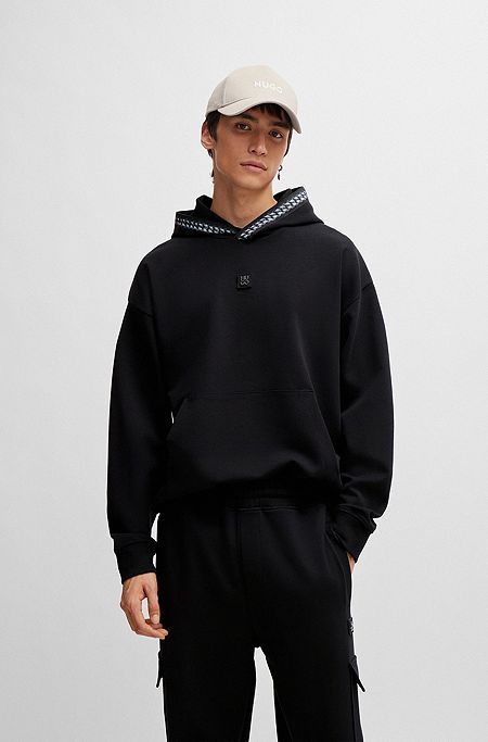 Relaxed-fit stretch-cotton hoodie with chain-detail tape, Black