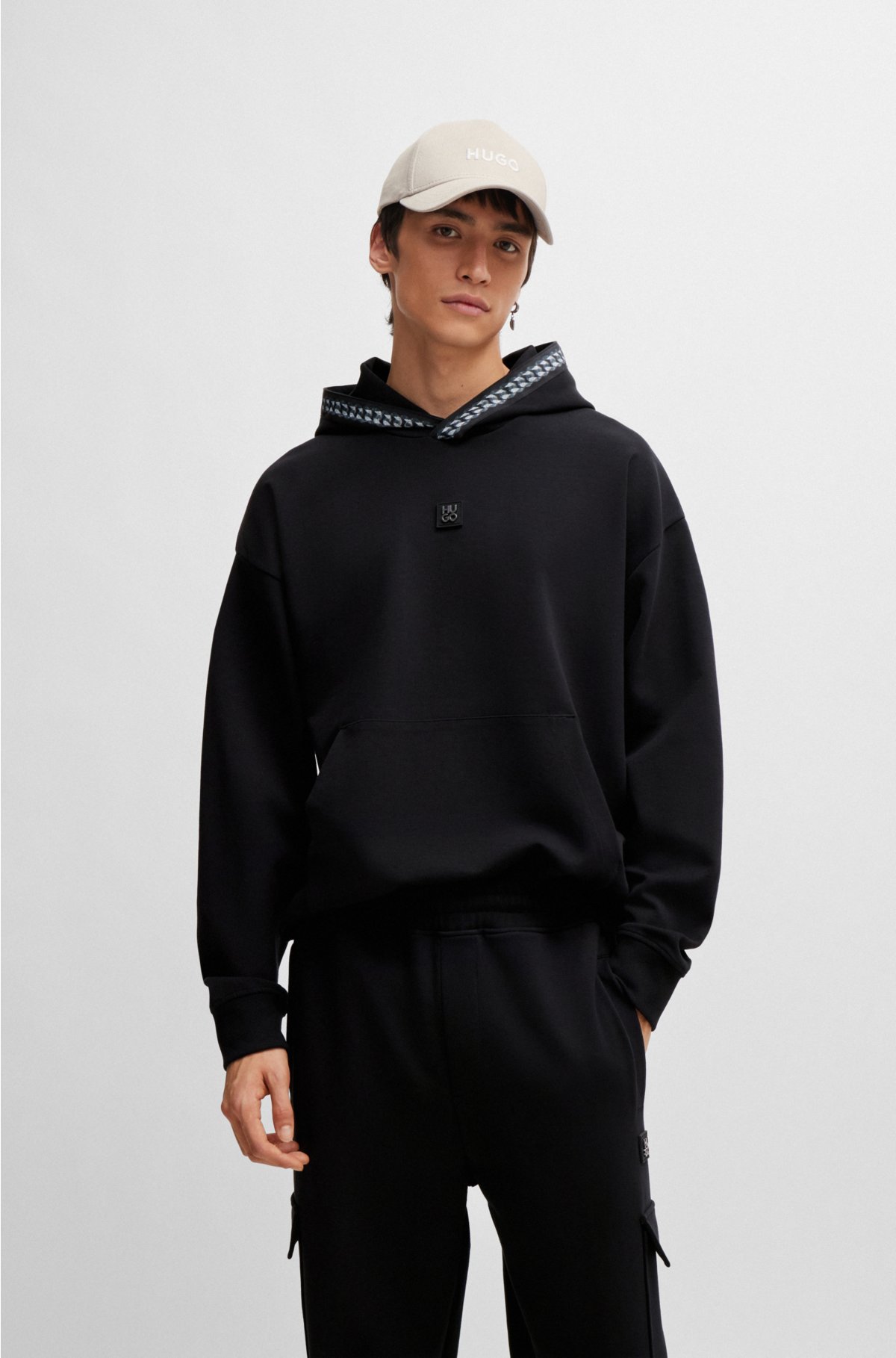 HUGO - Relaxed-fit stretch-cotton hoodie with chain-detail tape