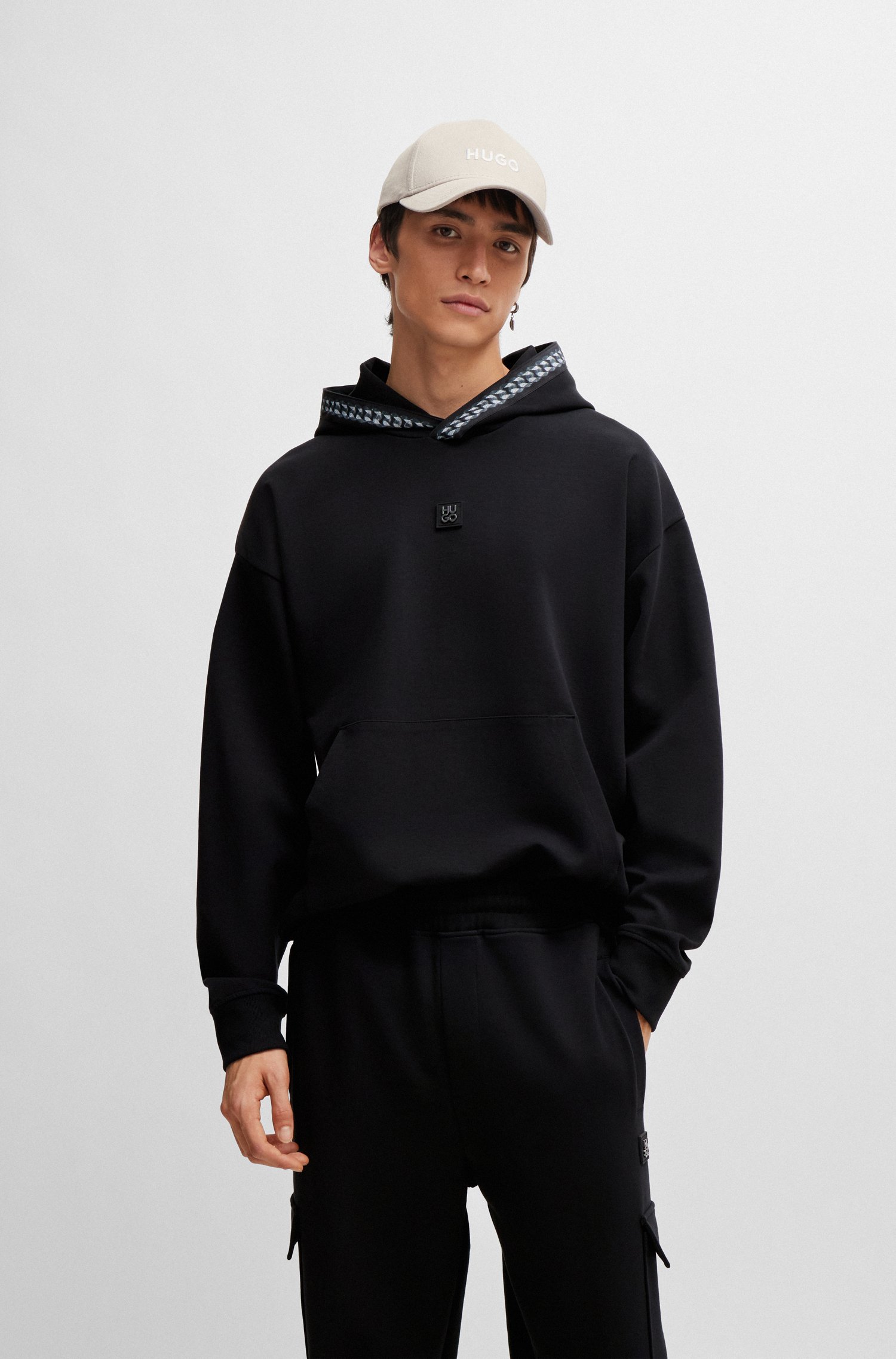 Relaxed-fit stretch-cotton hoodie with chain-detail tape