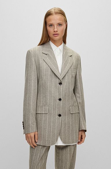 Three-button jacket in striped virgin wool, Beige