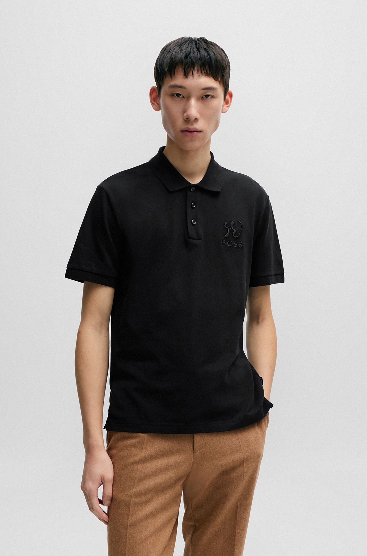 Mercerized-cotton polo shirt with special artwork, Black