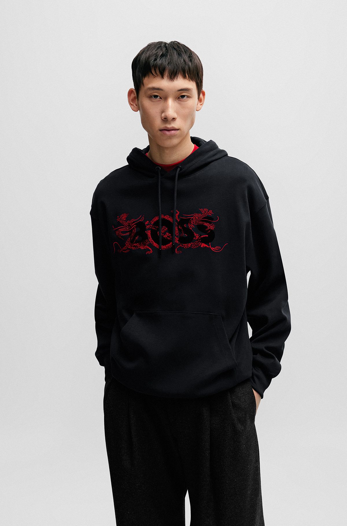 Interlock-cotton regular-fit hoodie with special artwork, Black