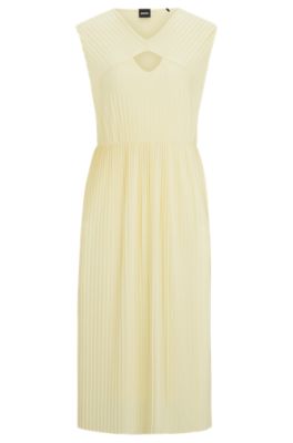 Shop Hugo Boss Sleeveless Dress In High-shine Pliss Fabric In Light Yellow