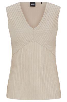 Hugo Boss Sleeveless Jersey Top With V Neckline And Pliss Pleats In Light Beige