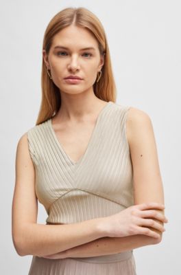 Sleeveless jersey top with V neckline and pliss&eacute; pleats , Light Beige