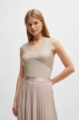 Sleeveless jersey top with V neckline and pliss&eacute; pleats , Light Beige